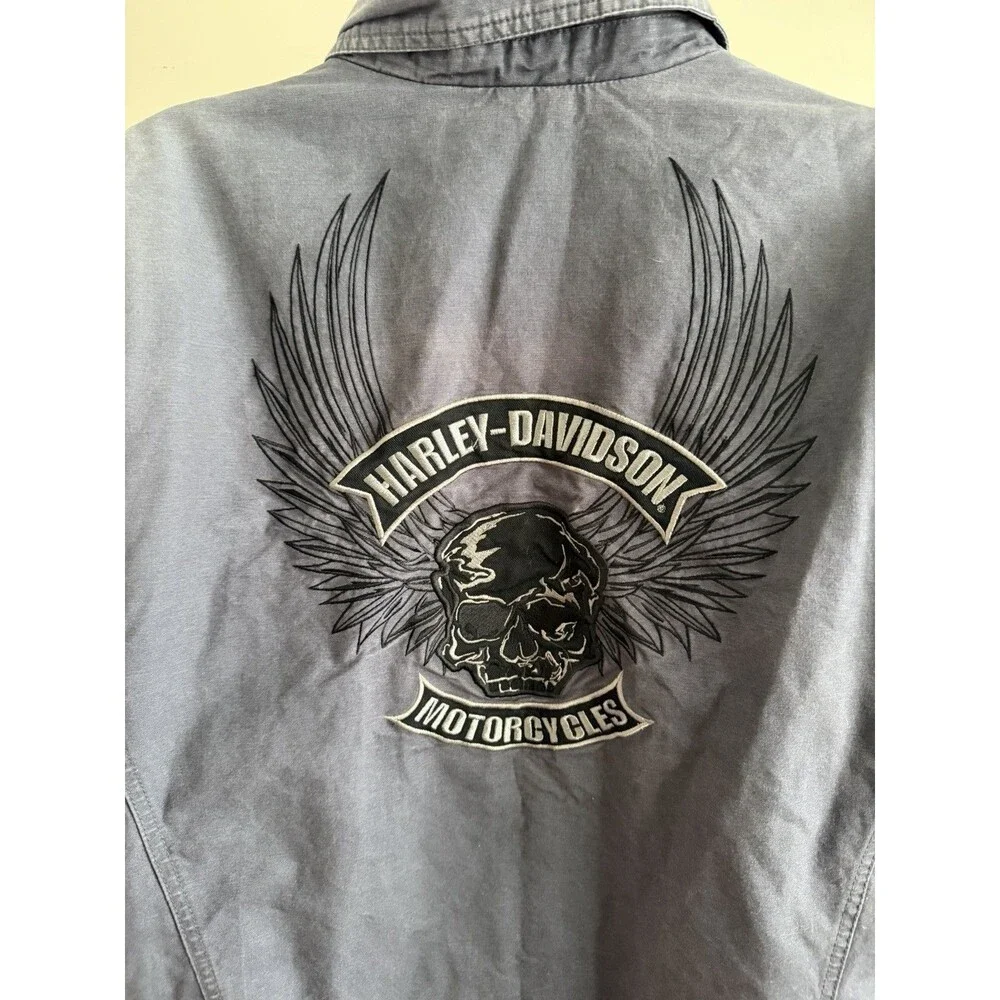 Harley Davidson Bomber Jacket Mens L Skull Wings Embroidered Gray Motorcycle Y2K